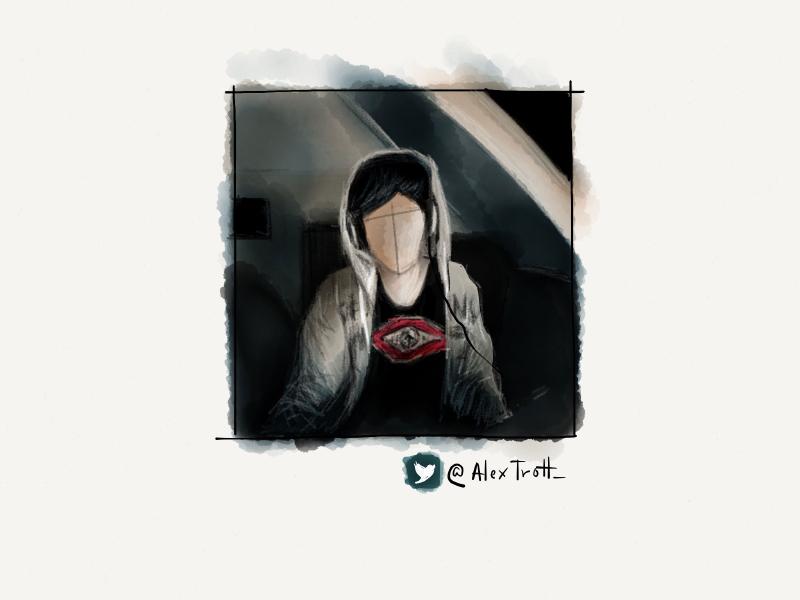 Digital watercolor and pencil portrait of a young man in a dark room, wearing a white hooded sweatshirt and headphones. The light from a computer screen illuminates his face which is lacking any features. Painted in earthy grays.