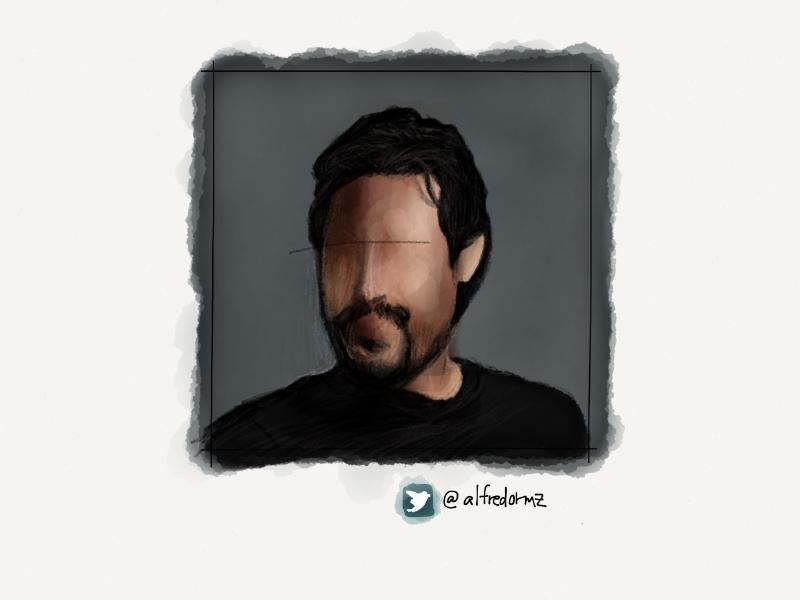 Digital watercolor and pencil portrait of a dark haired man with short beard wearing a black t-shirt against a gray background. His face has been intentionally painted without eyes and a mouth.