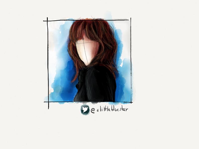Digital watercolor portrait of a red haired woman standing with her shoulder facing the viewer against a bright blue background. Her face is intentionally lacking any detail.