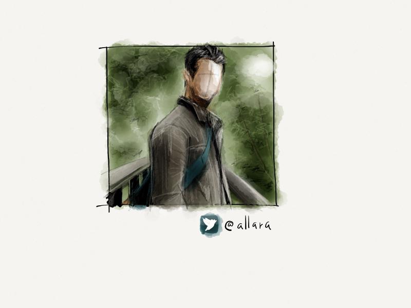 Digital watercolor and pencil portrait of a dark haired man standing on a bridge outdoors with dull green trees behind him. He is facing the viewer, wearing a gray jacket and blue backpack across his shoulder. His face is intentionally missing any defining features.