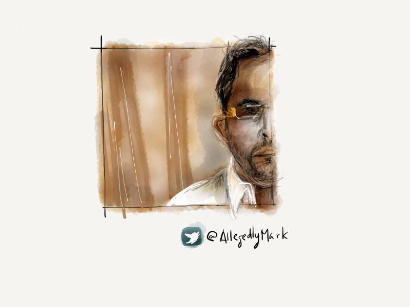Digital watercolor and pencil portrait of a dark haired man wearing glasses with gold frames, a white collared shirt, and short beard. He is looking at the viewer and is cropped to only show half of his face against stylized tan background.