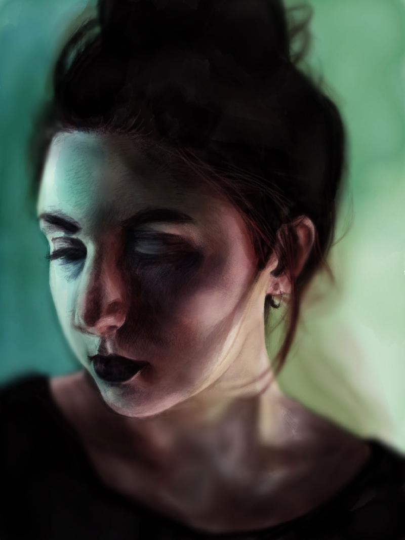 Digital watercolor and pencil portrait of woman with her hair up. She is looking downward and is painted in greens and purples giving off an otherworldly appearance.