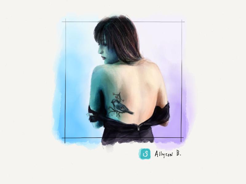 Digital watercolor and pencil portrait of a redheaded gir. She is looking over her shoulder, revealing a bare back with a large Blue Jay bird tattoo below her left shoulder blade. Painted in blues and purples giving off an otherworldly appearance.