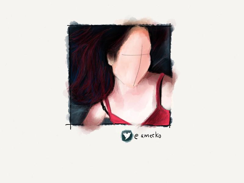Digital watercolor and pencil portrait of a dark haired woman with long flowing red hair. She is laying on the ground looking up and wearing a red tank top. Her face is intentionally left blank.