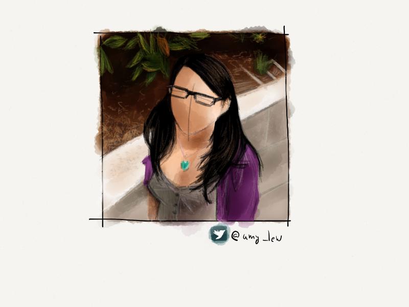 Digital watercolor and pencil portrait of a woman with long dark hair. She is standing on a road, wearing black glasses, a large turquoise necklace, gray blouse, and purple cardigan sweater as she looks up at the viewer. Her face is intentionally left blank without eyes, a nose, or mouth.
