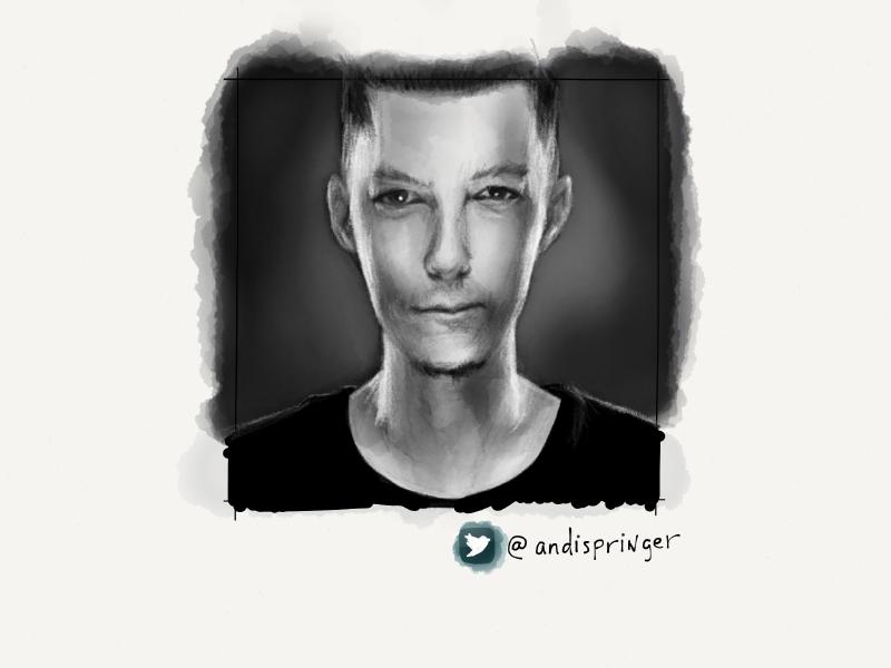 Black and white digital watercolor and pencil drawing of a man wearing a short chin goatee and black t-shirt as he looks forward, directly at the viewer.