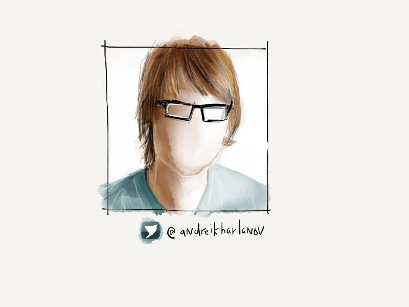 Digital watercolor and pencil portrait of a man with long blonde hair, black glasses, and a blue-grey t-shirt. He is looking towards the viewer and has been purposely been painted without any eyes, nose, or mouth.