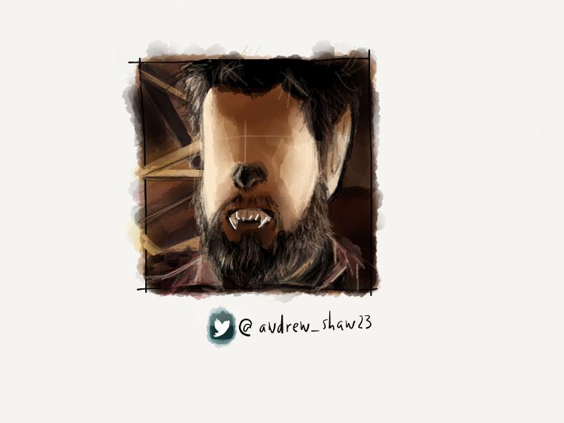 Digital watercolor and pencil portrait of a bearded man dressed in plaid as a werewolf. He is showing large white fangs with his eyes intentionally left blank.