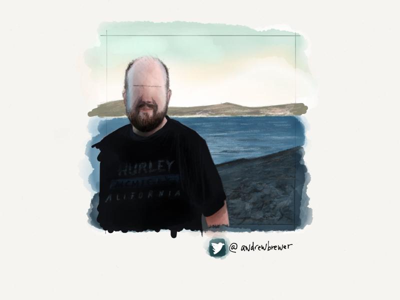 Digital watercolor and pencil portrait of a short haired bearded man standing on a beach with waves and the coastline behind him. He is wearing a black Hurley California t-shirt with his eyes intentionally not drawn.