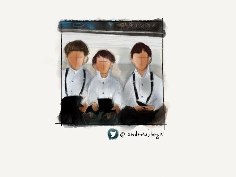 Digital watercolor and pencil portrait of three young boys in suspenders and white dress shirts, sitting next to each other. Their faces are intentionally left blank.