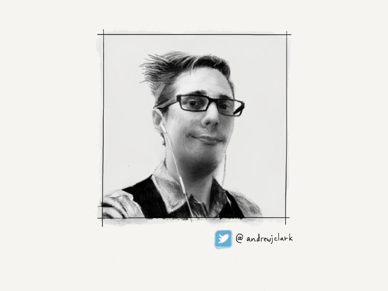 Black and white digital watercolor and pencil portrait of a man with hair sticking up, wearing glasses, Apple ear buds, and a vest as he looks at the viewer.