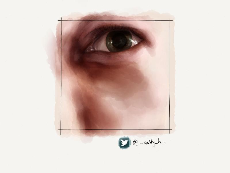 Digital watercolor and pencil drawing of a closeup of a man's face. His right green eye and nose bridge can be seen as he looks up and away from the viewer.