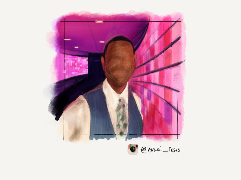 Digital watercolor and pencil portrait of a smiling gentleman standing next to a wall of purple and pink lights. He is wearing a white dress shirt, green checkered tie, and blue-grey vest as he looks at the viewer. His eyes, nose, and mouth have been intentionally left blank.