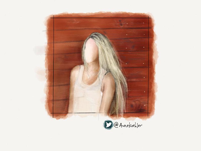Digital watercolor and pencil portrait of a woman with long blonde hair blowing in the in the wind. She is wearing a white tank top as she stands in front of a wooden fence. Her face has intentionally been left blank.