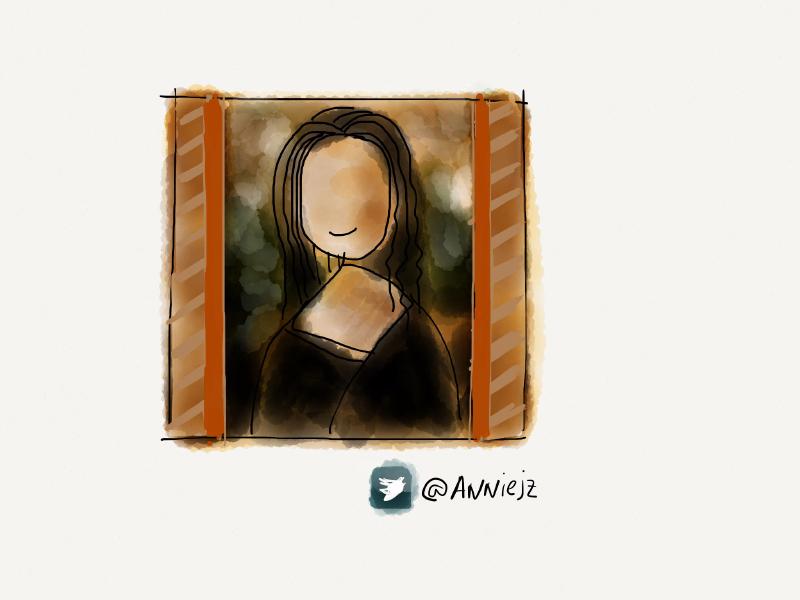 Digital watercolor and ink portrait of the Mona Lisa simplified as a line drawing. Eyes, nose, and other facial features have been intentionally left blank.