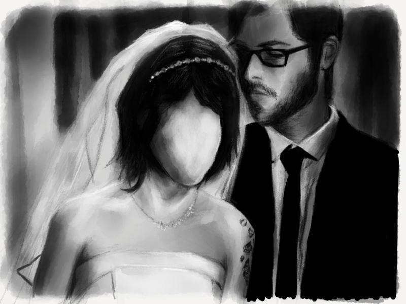 Black and white digital watercolor and pencil portrait of a bride and groom. Bride's face has been intentionally left blank.