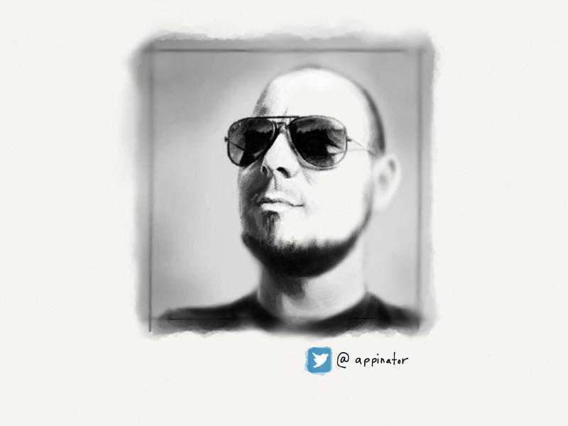 Black and white digital watercolor and pencil portrait of a smirking man wearing aviator sunglasses, shaved head, and a short beard.
