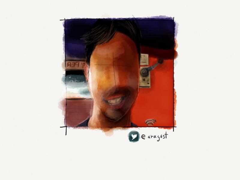 Digital watercolor and pencil portrait of a man with a large grin. Painted with a palette of oranges and purples with his face intentionally left blank.