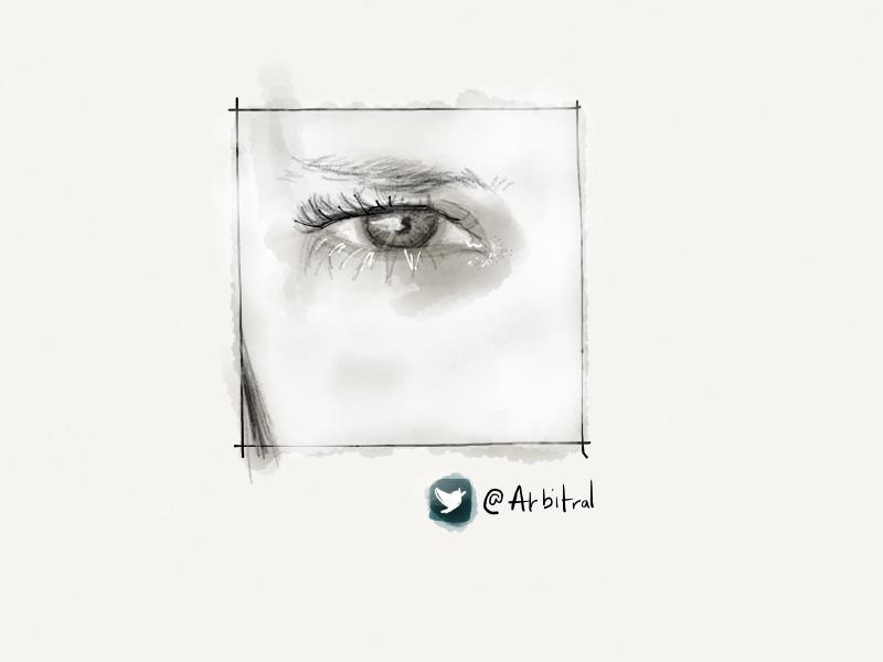 Black and white digital watercolor and pencil portrait of a woman's eye.