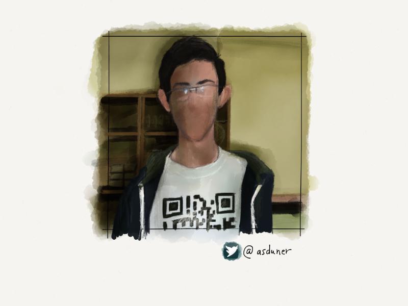 Digital watercolor and pencil portrait of a young man wearing metal framed glasses, blue hoodie, and white t-shirt with a large QR code printed on it. He is standing in a classroom with a bookshelf behind him and his face intentionally drawn blank.