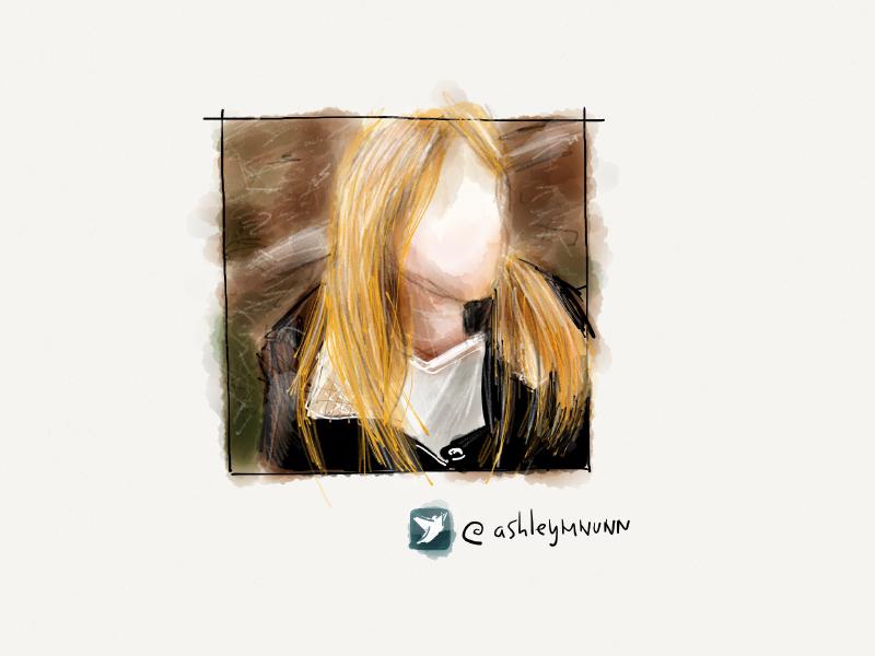 Digital watercolor and ink portrait of a blonde woman wearing a black jacket. Her face has been intentionally drawn blank.