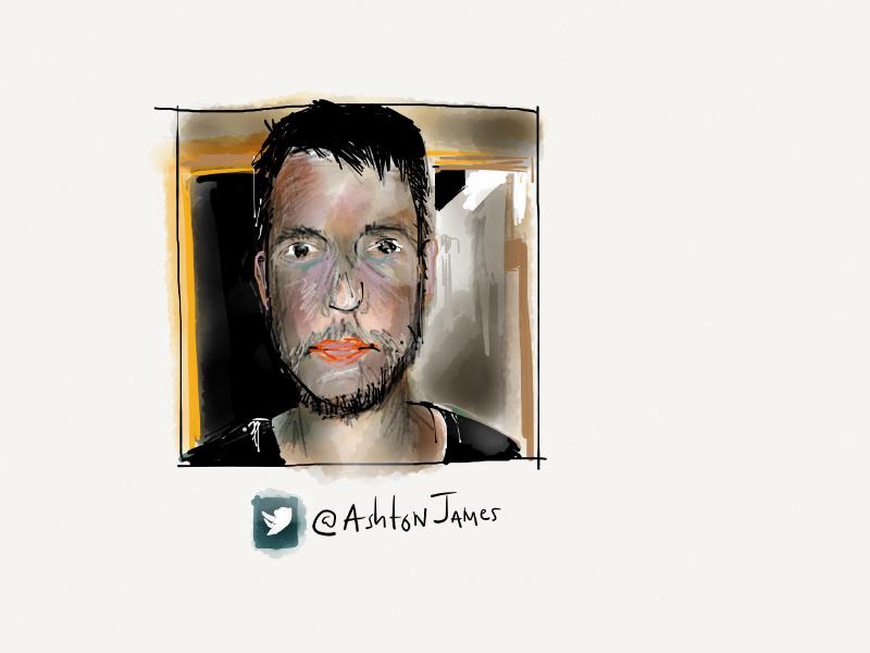 Digital watercolor and ink portrait of a dark haired man with short beard looking at the viewer. He is standing in front of a mirror wearing a black t-shirt.