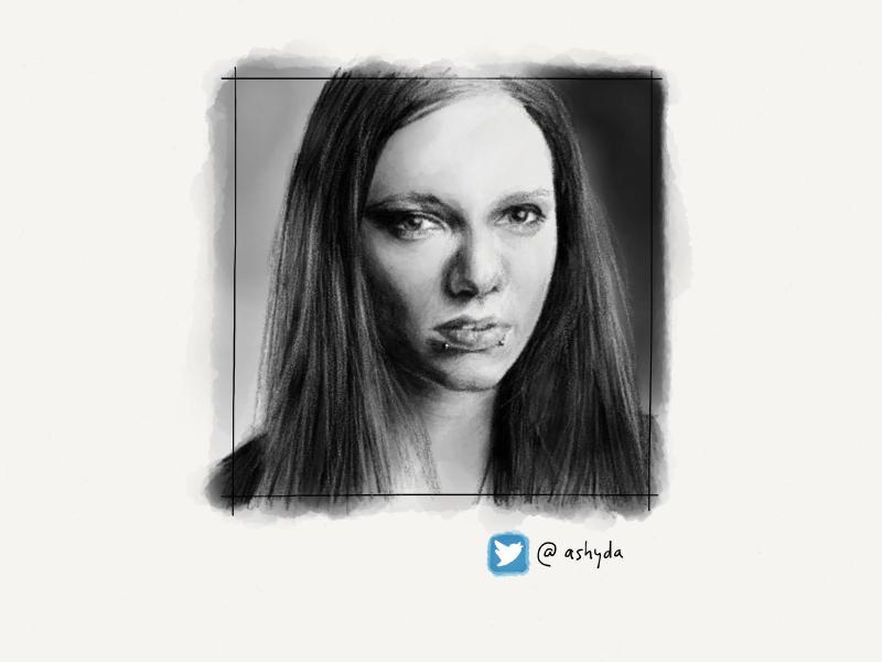 Black and white digital watercolor and pencil portrait of woman with long straight hair and snake bite piercings below her lower lip.