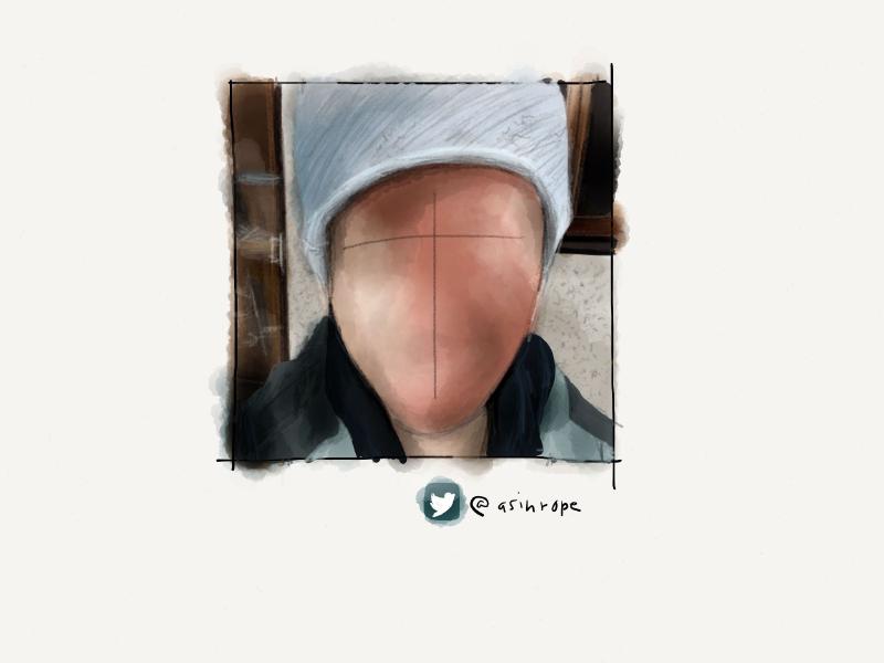 Digital watercolor and pencil portrait of a faceless person wearing a white winter hat and blue gray coat as they look at the viewer.