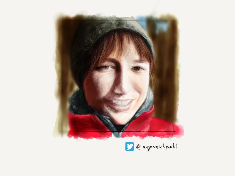 Digital watercolor and pencil portrait. Smiling, short brown hair, wearing a gray knit winter hat and red coat zipped up to the chin with a slight bokeh in the background.