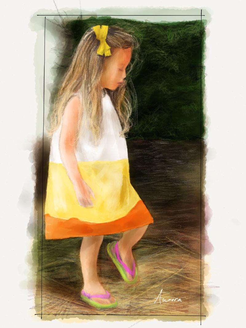 Digital watercolor and pencil portrait of a young blonde girl from the side. She is wearing a big yellow ribbon in her hair, sundress that resembles the colors of candy corn, and purple/green flip flop sandles.