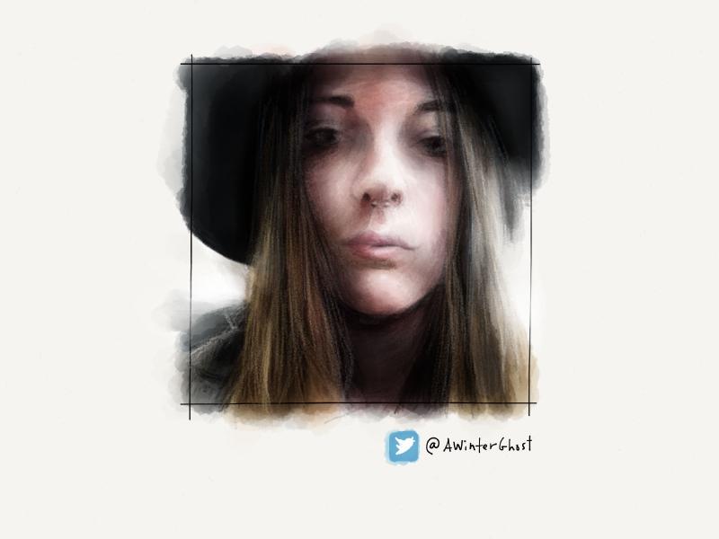 Digital watercolor and pencil portrait of a woman with long straight blonde hair, septum piercing, and large black hat. Painted in muted tones.