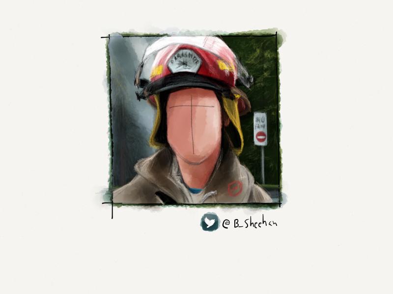 Digital watercolor and pencil portrait of a man wearing a fire fighter helmet and tan hoodie. Face is intentionally painted blank.
