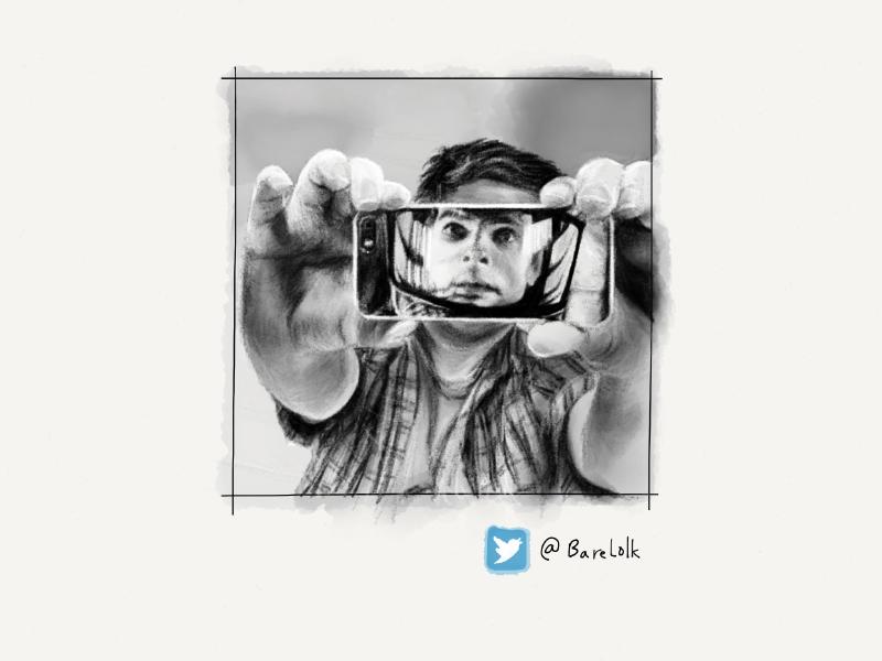 Black and white digital watercolor and pencil portrait of a man holding a phone in front of his head with a still image from the film 2001 superimposed on the screen to line up with his face.