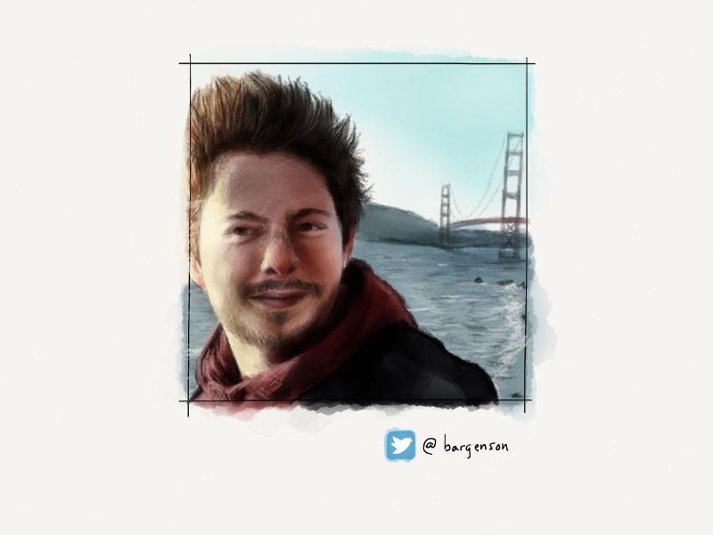 Digital watercolor and pencil portrait of a man with a short beard looking to left as the wind blows his hair straight up. Standing in front of a body of water with a red bridge seen in the distance.