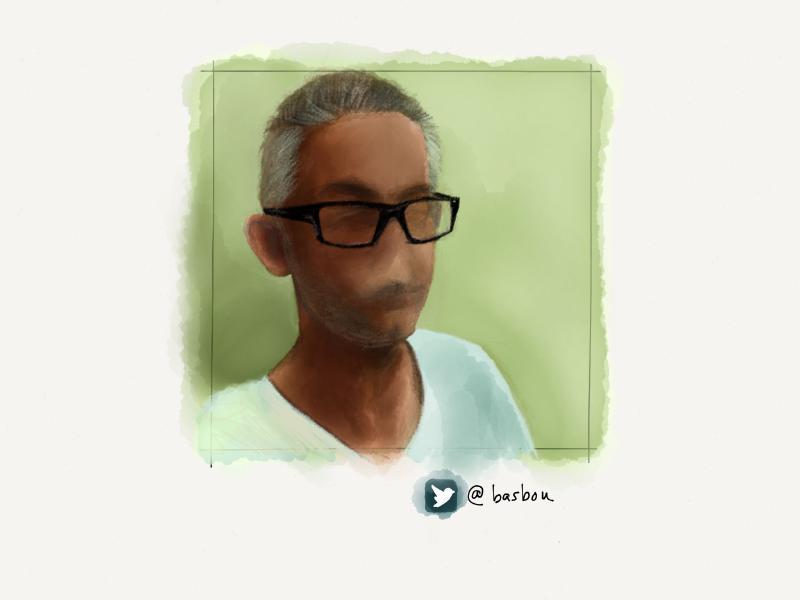 Digital watercolor and pencil portrait of a man with short gray hair and black glasses wearing a white v-neck t-shirt. His face is intentionally drawn black with no eyes, nose, or mouth. Painted in muted tones.