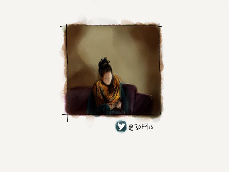 Digital watercolor and pencil portrait of a woman with her hair tied up in a bun, wrapped up in a large yellow scarf on a dark purple couch. Illuminated from the site with her face intentionally painted blank.