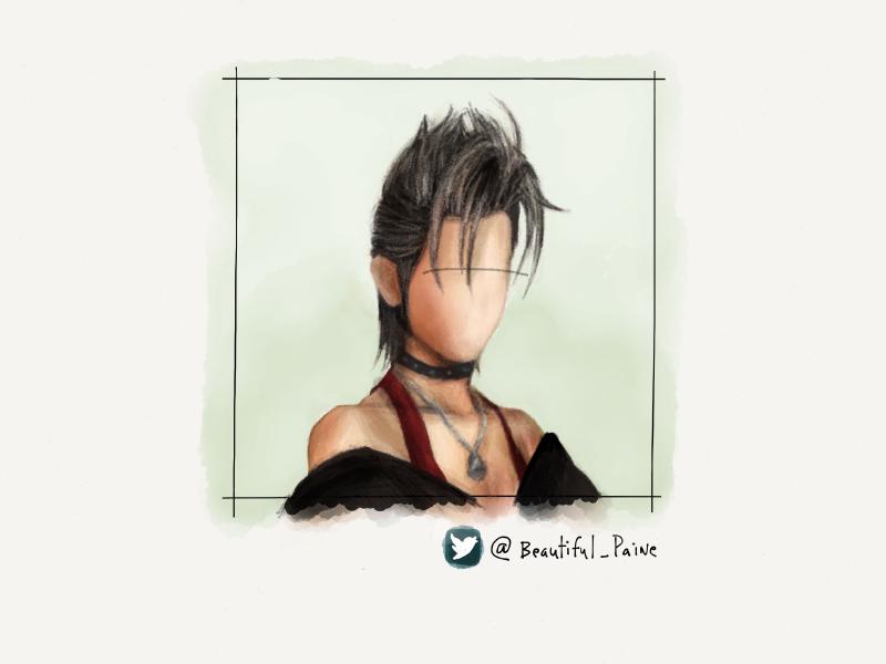 Digital watercolor and pencil illustration of Paine from Final Fantasy X-2. Her face is intentionally painted blank.
