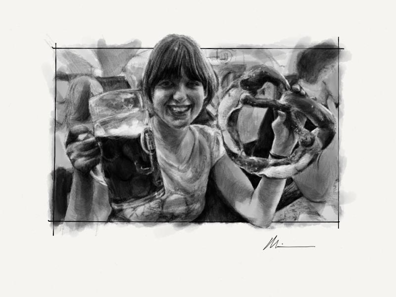 Black and white digital watercolor and pencil portrait of a happy woman holding a large mug of beer and Bazarian pretzel in each hand.