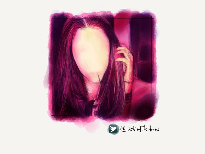 Digital watercolor and pencil portrait of a faceless woman with long straight hair, chewing on a drink stirrer, and playing with her hair. Painted in hues of pink and purple with highlights in a cream color.