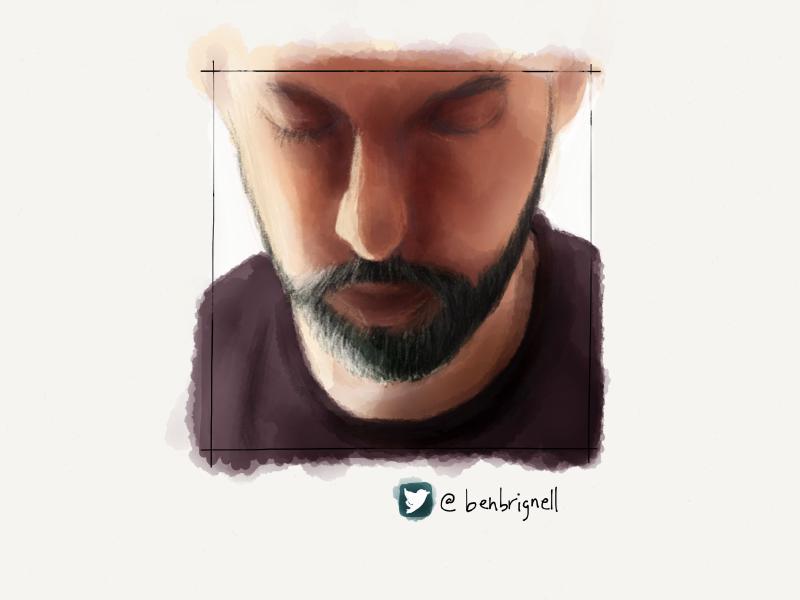 Digital watercolor and pencil portrait of a man with a shortly trimmed beard, eyes closed, looking downward in thought.