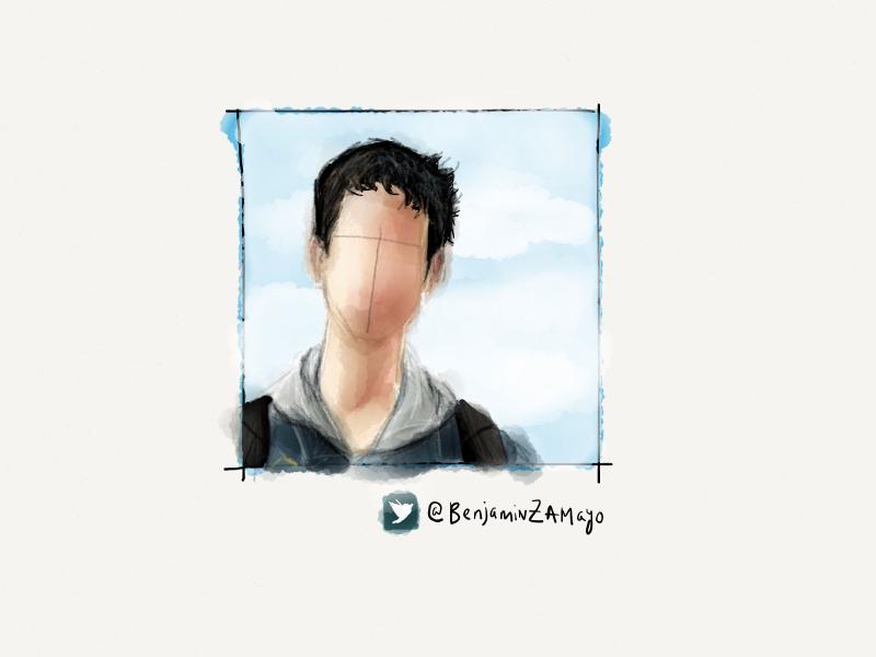 Digital watercolor and pencil portrait of a young man wearing a gray hoodie and black backpack standing. Background is bright blue sky with his face intentionally painted without eyes, nose, or a mouth.