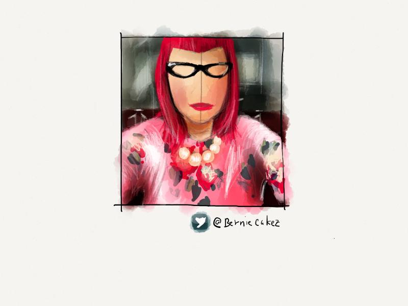 Digital watercolor and pencil portrait of a woman with bright pink hair and lipstick, bangs, cat eye glasses, large pearl necklace, and bold floral print blouse. Her face is intentionally painted with eyes or a nose.