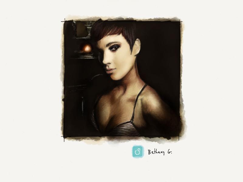 Digital watercolor and pencil portrait of a woman with a pixie cut, smokey eye makeup, wearing a white black stripped bra, illuminated by candle light in a dark room.