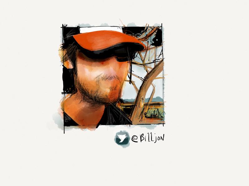 Digital watercolor and ink portrait of a man wearing a baseball hat with orange brim, black sunglasses, t-shirt, standing outside by a dead tree. His face has some stubble with nose and mouth intentionally left unpainted.