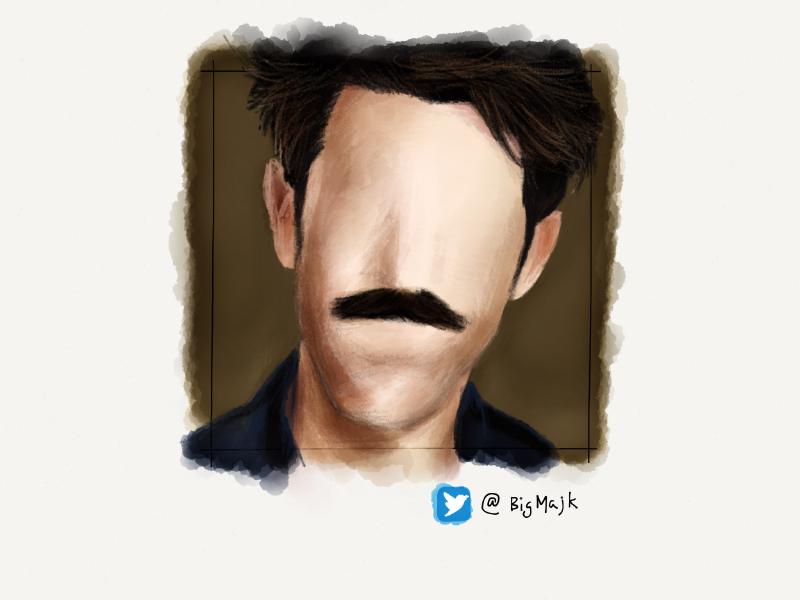 Digital watercolor and pencil portrait of a man with messy wavy hair and a large dark brown mustache. His face is devoid of eyes, a nose, or mouth. Painted in subdued colors.