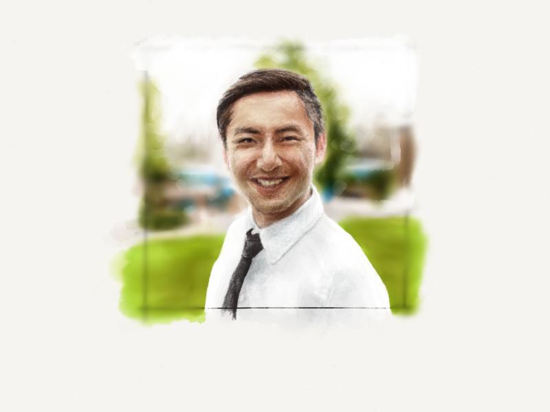 Digital watercolor and pencil portrait of a well groomed man in a white dress shirt and black tie looking directly at the viewer. Background has a slight bokeh.