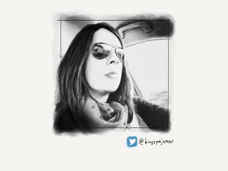 Black and white digital watercolor and pencil portrait of a woman sitting in a car with straight hair wearing reflective sunglasses and a large scarf wrapped around her neck.