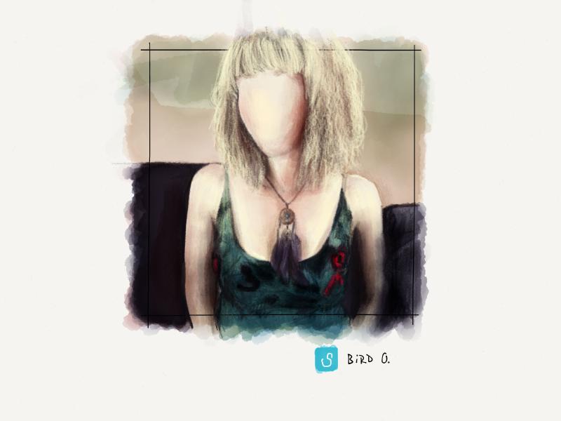 Digital watercolor and pencil portrait of a pale skinned woman with frizzy blonde hair, short bangs, wearing a low cut top and feather necklace. Face is intentionally painted without eyes, a nose, or mouth.