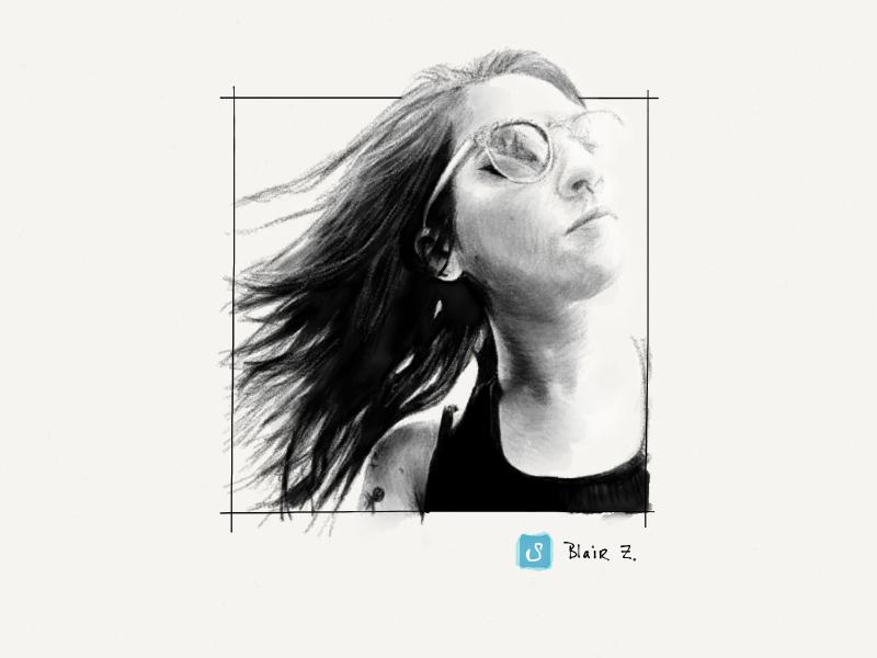 Black and white digital watercolor and pencil portrait of a woman looking up towards the sky with her long hair flowing in the wind, wearing a black tank top and sunglasses.