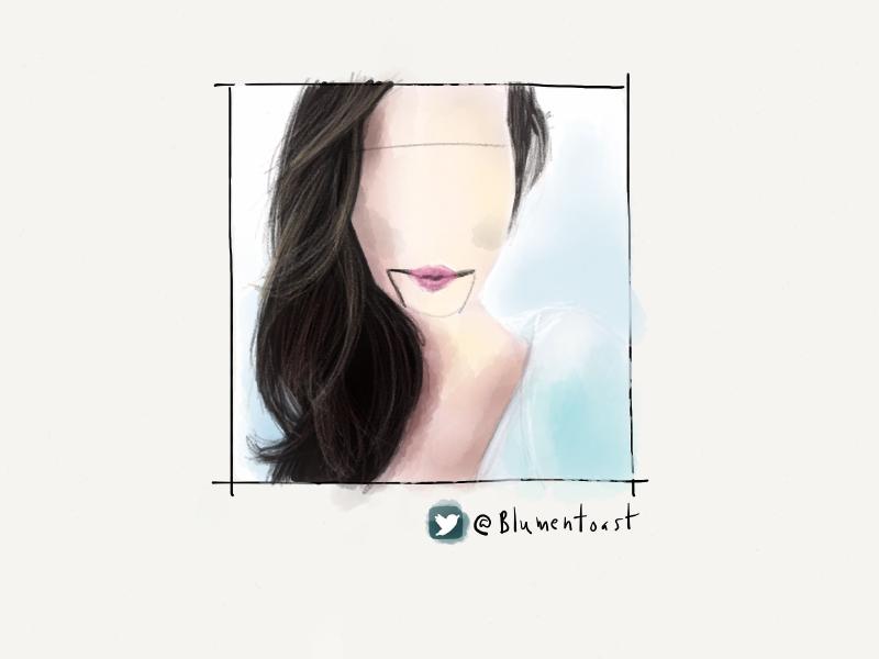 Digital watercolor and pencil portrait of a woman with long hair swept to the side of her neck. Her face is intentionally left blank except for pink lips and black lines extending from the side. Background is bright and dreamy.